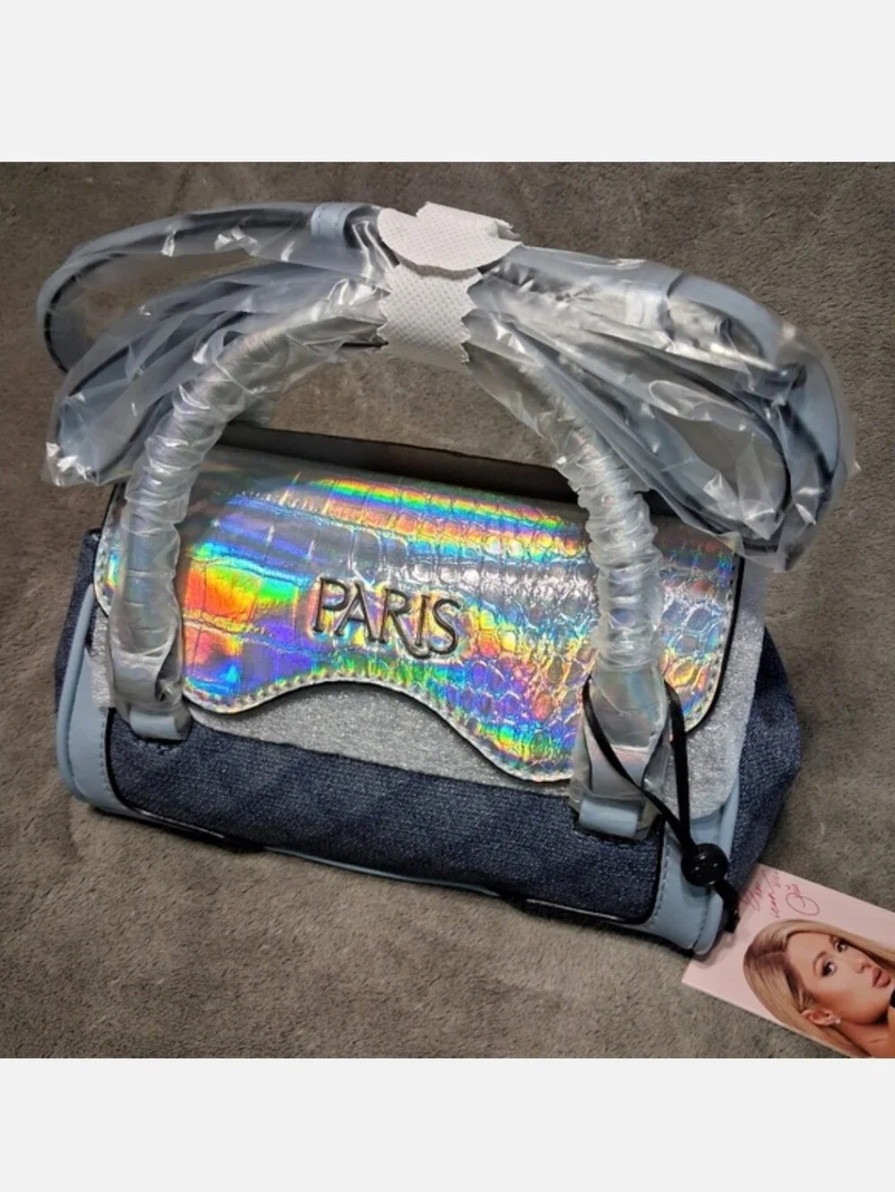 Paris Hilton Mason Mini Tote Crossbody Denim Holographic Iridescent NWT Easter